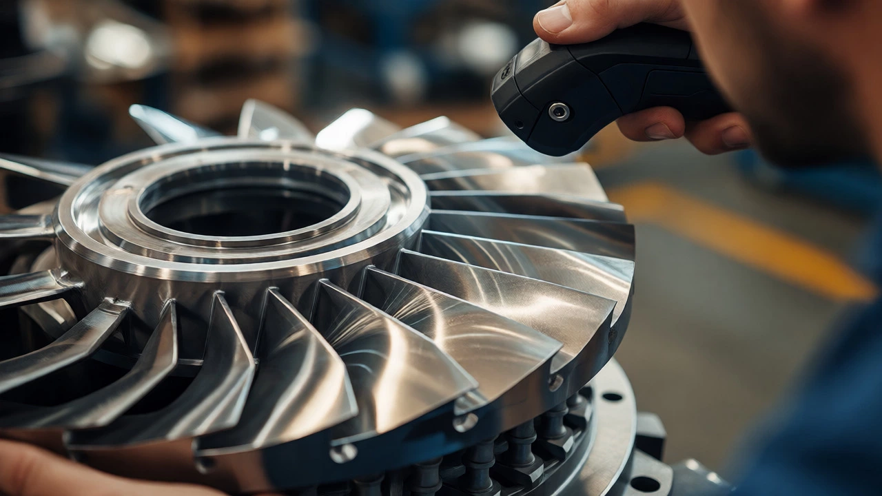 Technician inspecting precision metal component closely
