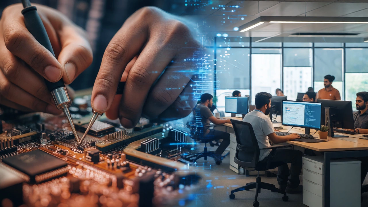 Visual split showing electronics manufacturing and software development